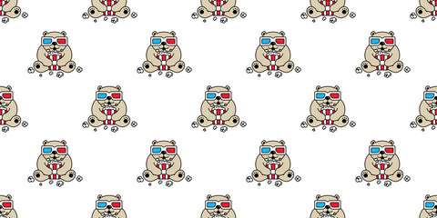 Bear seamless pattern polar bear popcorn vector movie 3d glasses cinema teddy cartoon scarf isolated repeat wallpaper tile background illustration doodle design © CNuisin