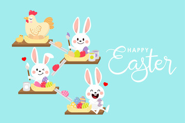Happy Easter greeting card with cute white bunny and eggs. Welcome spring season with rabbit. Animal wildlife holiday cartoon character. -Vector.