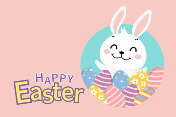 Happy Easter greeting card with cute white bunny and eggs. Welcome spring season with rabbit. Animal wildlife holiday cartoon character. -Vector.