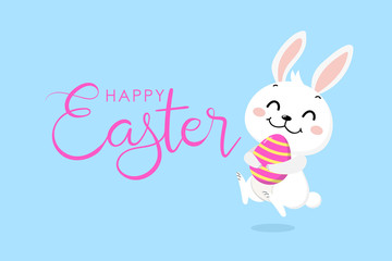 Obraz na płótnie Canvas Happy Easter greeting card with cute white bunny and eggs. Welcome spring season with rabbit. Animal wildlife holiday cartoon character. -Vector.