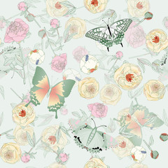 Butterfly and leaves, stems and inflorescences of peonies and roses vector illustration. Picture with pink, blue and white flowers on aquamarine background. Endless pattern. EPS10