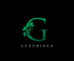 Royal Green letter G. Graceful royal style. Calligraphic beautiful logo. Vintage drawn emblem for book design, florist, brand name, business card, Restaurant, Boutique, Hotel. 