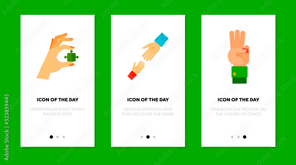 Poster Development and help flat icon set. Counting, puzzle, child isolated vector sign pack. Motion and gestures concept. Vector illustration symbol elements for web design and apps