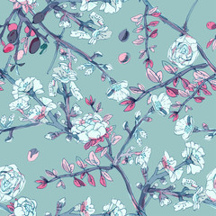 Seamless pattern with blossom flowers sakura tree. Vector illustration with plants wild roses. Gentle pastel colors.