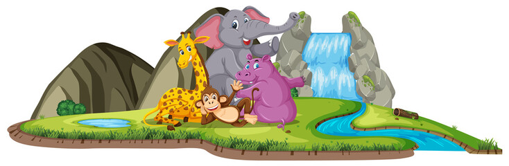 Scene with cute animals by the waterfall