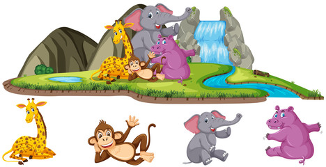 Obraz na płótnie Canvas Scene with four types of animals by the waterfall
