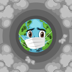 Pollution on earth with sad earth wearing mask