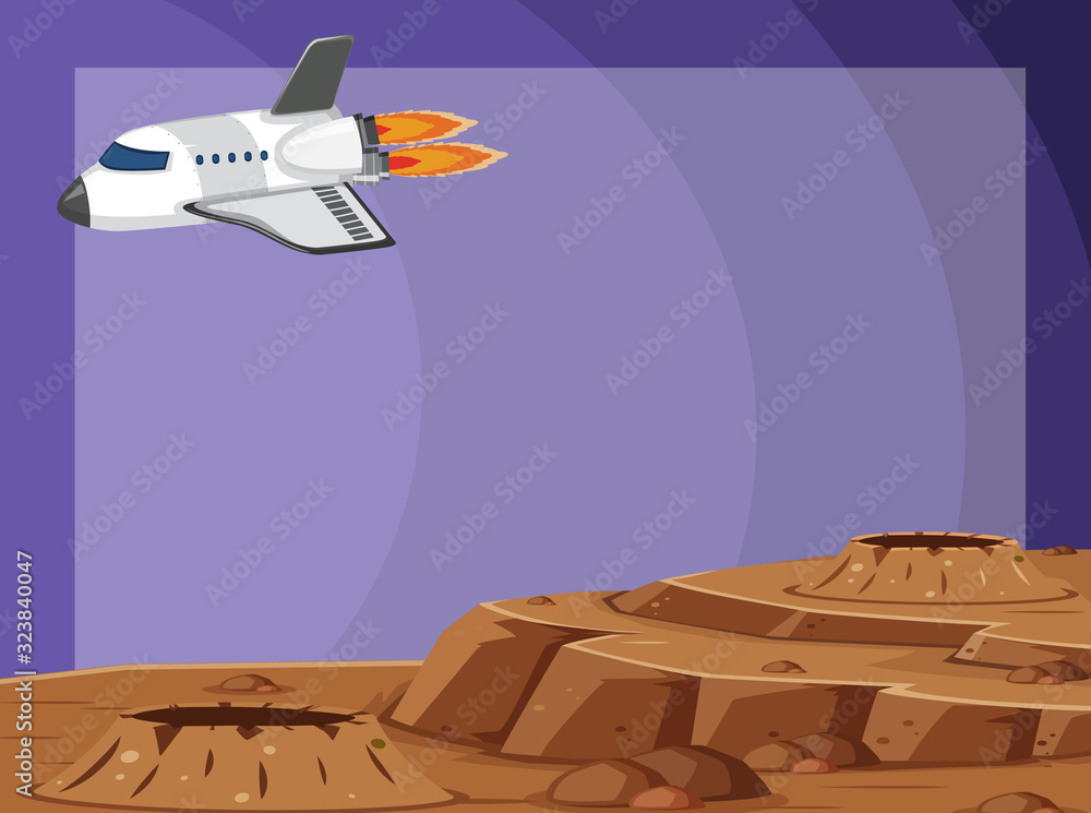 Wall mural frame design template with rocket flying in background