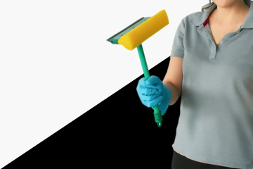 Female cleaning staff in bathroom blurred background Metaphor for cleaning Get rid of germs In bathroom, home office.For reliability And satisfaction of service and customers.