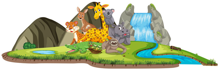 Obraz na płótnie Canvas Scene with many wild animals by the waterfall