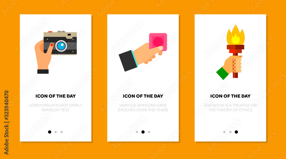 Poster holding stuff flat icon set. item, grabbing, activity isolated vector sign pack. motion and action c