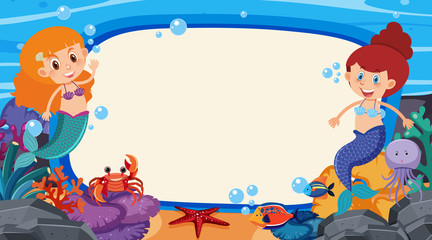 Frame design template with mermaid and fish in background