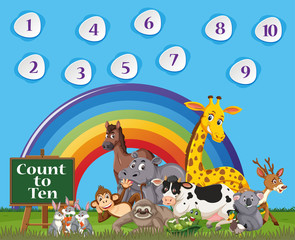 Number one to ten with blue sky and colorful rainbow background