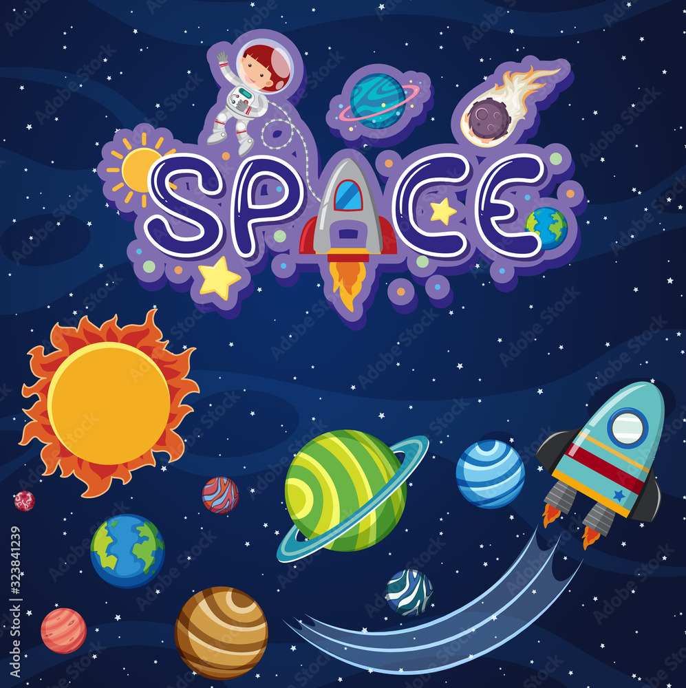 Wall mural background theme of space with spaceship and solar system