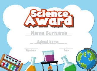 Certificate template for science award with science equipments in background