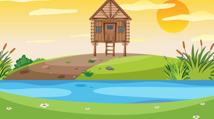 Fototapeta premium Scene with wooden cottage in the field