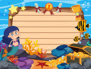 Banner template with mermaid and golden coins under the sea