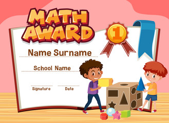 Certificate template for math award with boys playing blocks