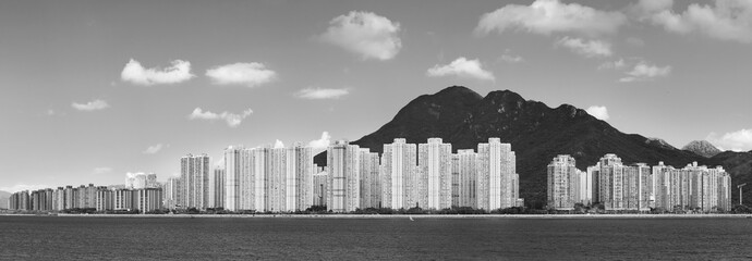 Panorama of residential district and harbor of Hong Kong city