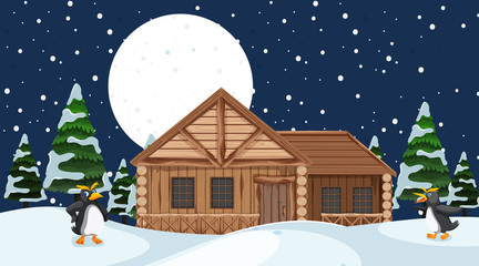 Scene with wooden house on the snow field