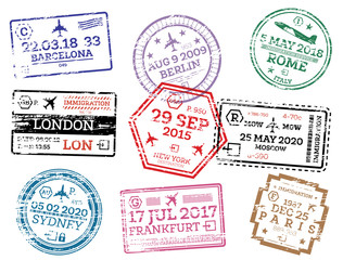 Collection of Passport Stamps Isolated on White.