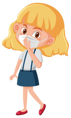 Sick girl wearing mask on white background