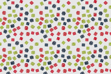 Game dice in chaotic order. Seamless texture or pattern. 3d illustration.