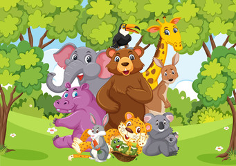 Obraz na płótnie Canvas Scene with many wild animals in the park