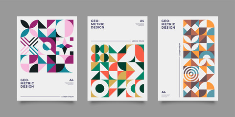 Obraz premium Vintage retro bauhaus design vector covers set. Swiss style colorful geometric compositions for book covers, posters, flyers, magazines, business annual reports
