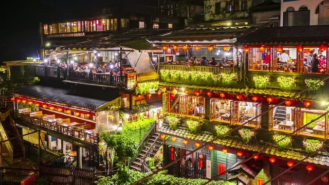 Time lapse Tourists visiting Jiufen old street at night in Taipei Taiwan.