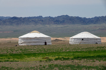 Traditional yurts and montains in Mongolia