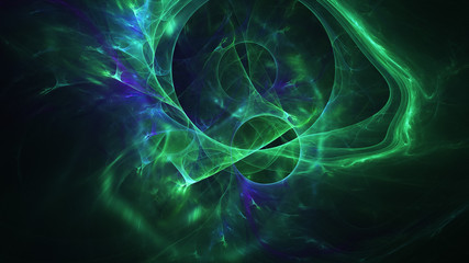 Abstract blue and green glowing shapes. Fantasy light background. Digital fractal art. 3d rendering.