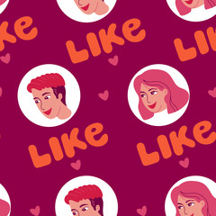 Seamless pattern guy and girl liketime. Friendship, love, relationships, communication. Vector