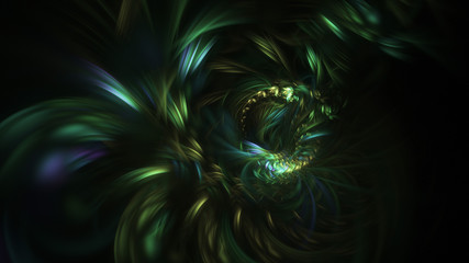 Obraz premium Abstract green and blue glowing shapes. Fantasy light background. Digital fractal art. 3d rendering.