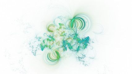 Abstract green and blue glowing shapes. Fantasy light background. Digital fractal art. 3d rendering.