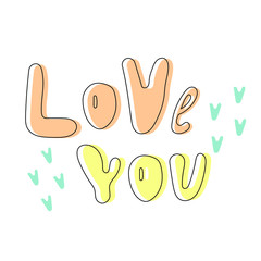 Hand drawn text love you with blue little hearts. Vector illustration for love design. Cartoon style.
