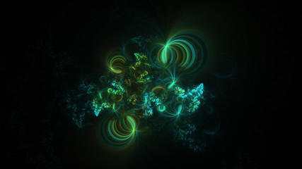Abstract green and blue glowing shapes. Fantasy light background. Digital fractal art. 3d rendering.