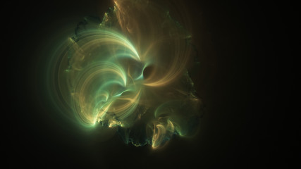 Abstract green and golden glowing shapes. Fantasy light background. Digital fractal art. 3d rendering.