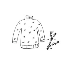 Hand drawn sweater, pullover with branch of Christmas tree. Vector illustration for winter, cozy home design. Isolated on white background.