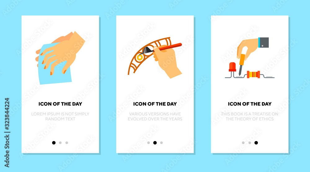 Poster working with details flat icon set. profession, tool isolated vector sign pack. hobby and craftwork 