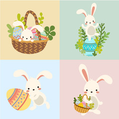 Set of cute kawaii cartoon flat vector easter white bunny, rabbit with decorative eggs, basket and spring flowers