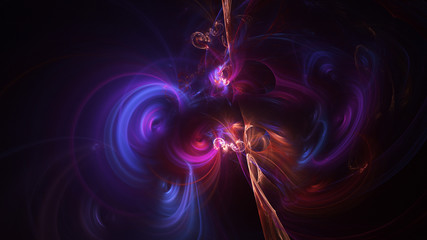Abstract blue and purple glowing shapes. Fantasy light background. Digital fractal art. 3d rendering.