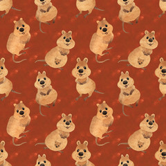 Seamless pattern cute watercolor australian quokka on textured red background
