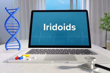 Iridoids – Medicine/health. Computer in the office with term on the screen. Science/healthcare