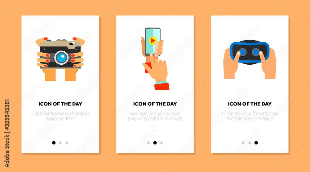 Poster using object flat icon set. device, tool, activity isolated vector sign pack. motion and action conc