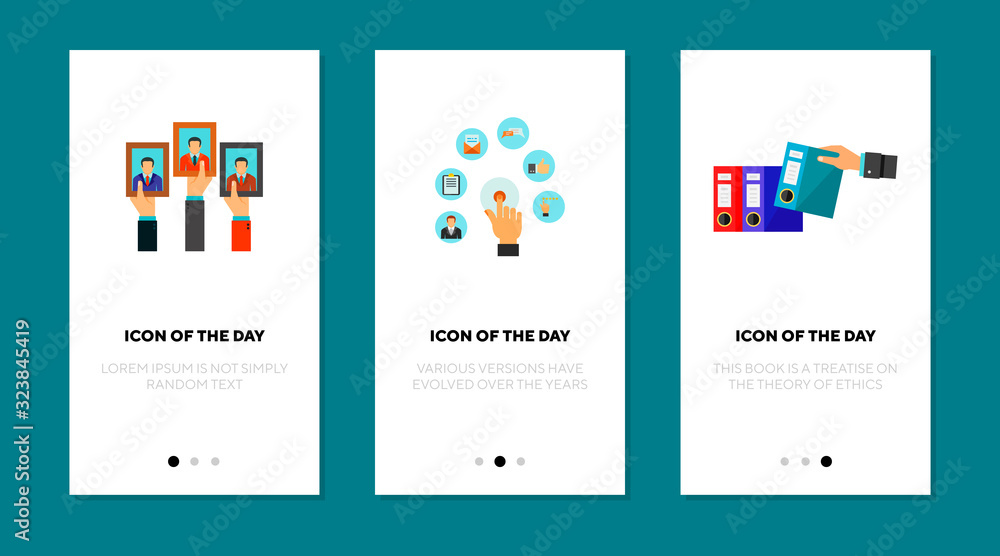Poster workflow flat icon set. archive, employee, document isolated vector sign pack. management and busine