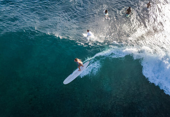 Aerial top to down view of the Makaha surf spot located on the lee shore of Oahu with lots of...