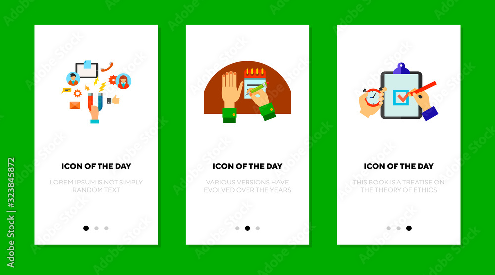 Poster time management flat icon set. company, checklist, cooperation isolated vector sign pack. business a
