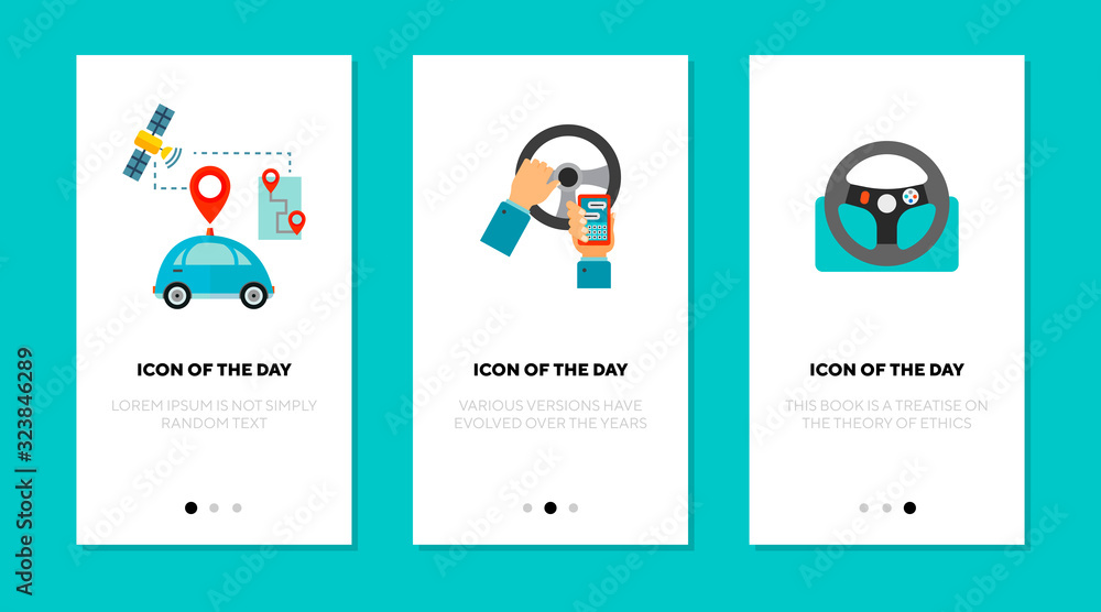 Poster mobile navigation flat icon set. gps, map, outdoor isolated vector sign pack. transportation and tec