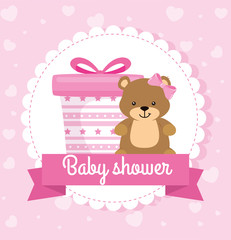 baby shower card with gift box and teddy bear vector illustration design